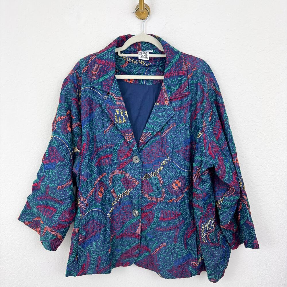 Parsley & Sage Womens Blazer Jacket Size 3X Embroidered Artsy Boho Funky Blue